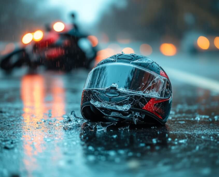 A cracked motorcycle helmet on a wet road at a crash scene, representing serious injury and the need for an accurate RAF loss of support calculation.
