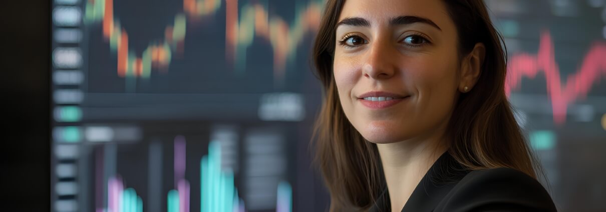 A smiling female financial professional standing in front of multiple screens displaying stock market charts, reflecting the expertise of actuarial firms in high-level financial analysis and market governance