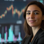 A smiling female financial professional standing in front of multiple screens displaying stock market charts, reflecting the expertise of actuarial firms in high-level financial analysis and market governance
