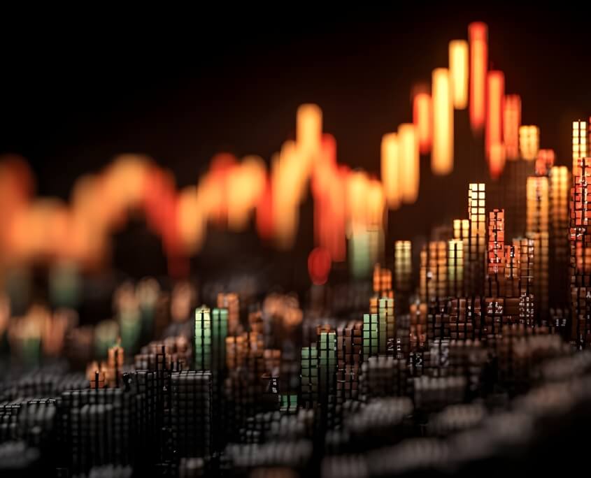 Abstract 3D bar chart showing market volatility and financial data, representing the complex risk modelling performed by actuarial firms to safeguard capital markets